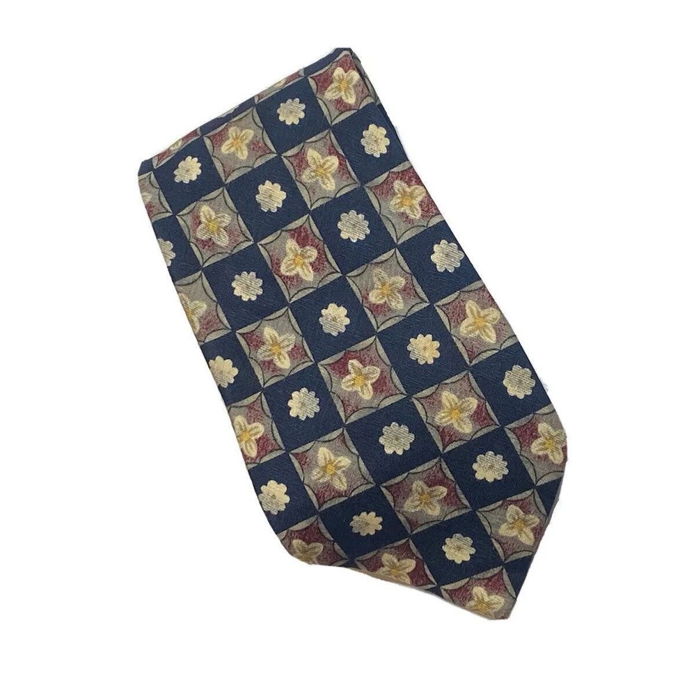 Vintage Tom James Silk Necktie Tie Geometric Pattern & Flowers Multi-Colored